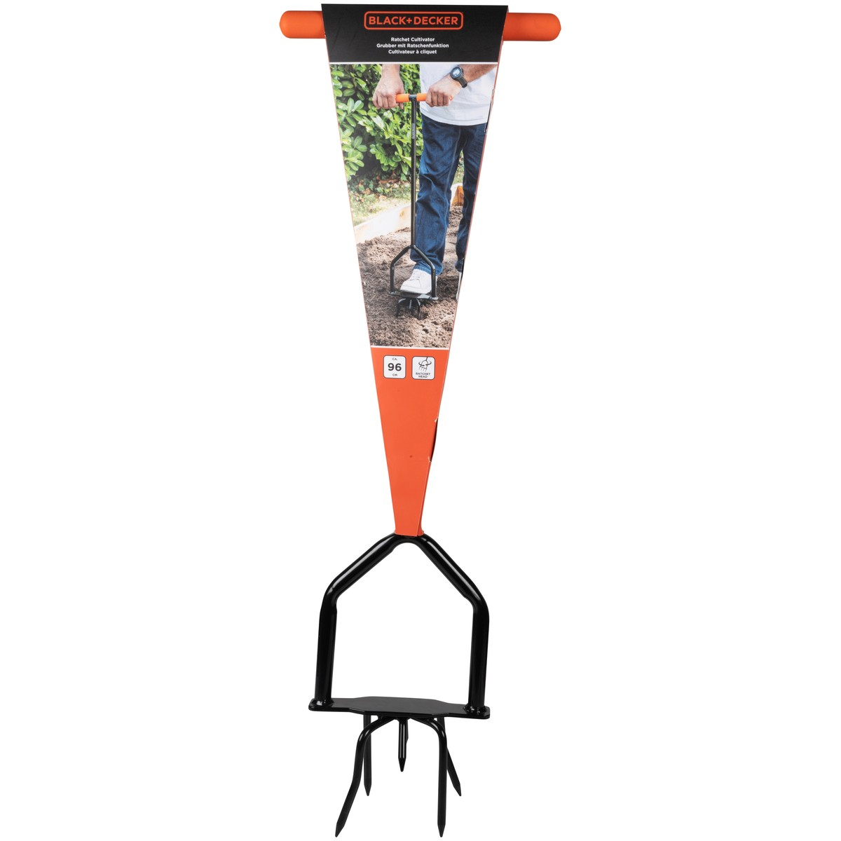 Black hand cultivator with orange packaging and product image.