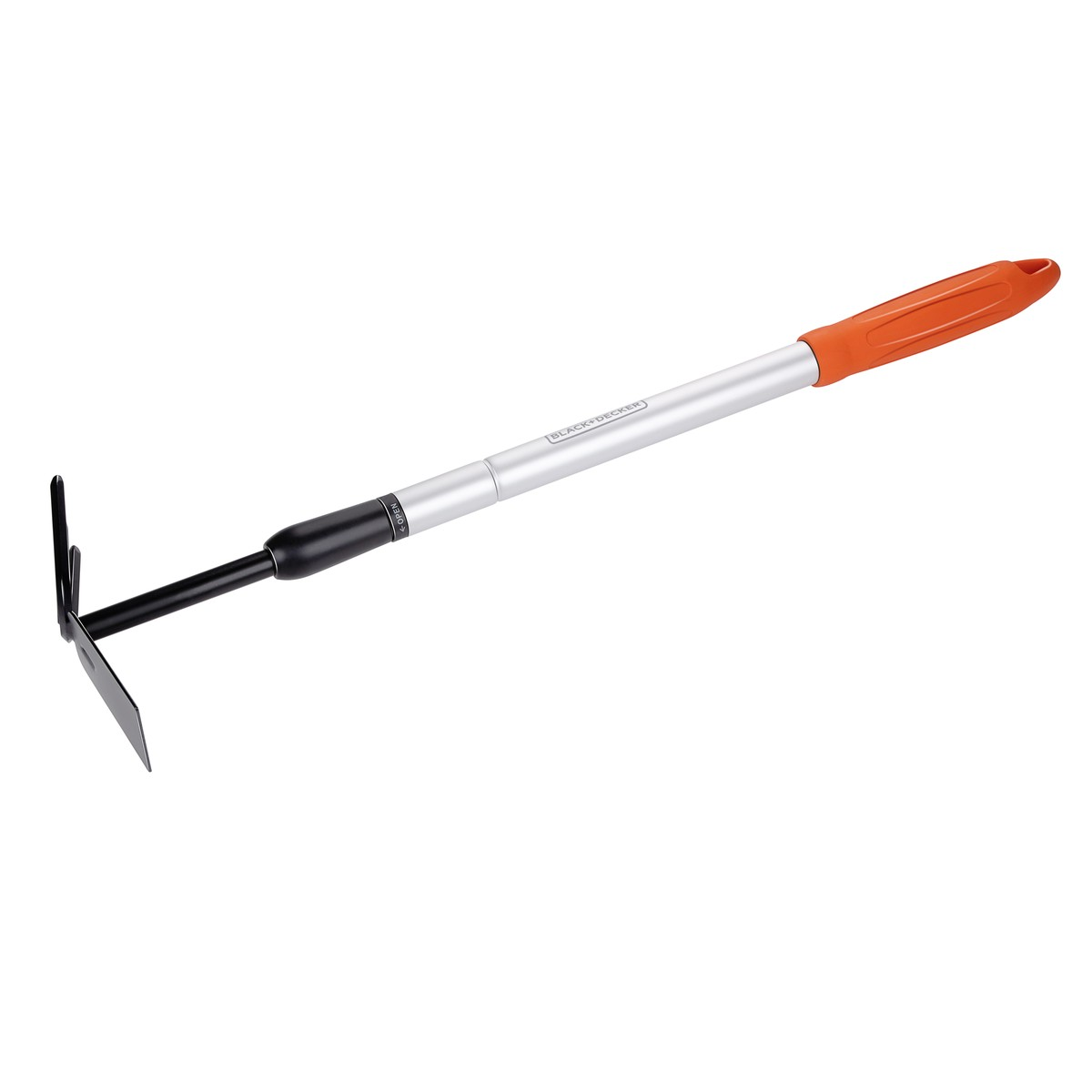 A gardening tool with a black head and orange handle on a white background.