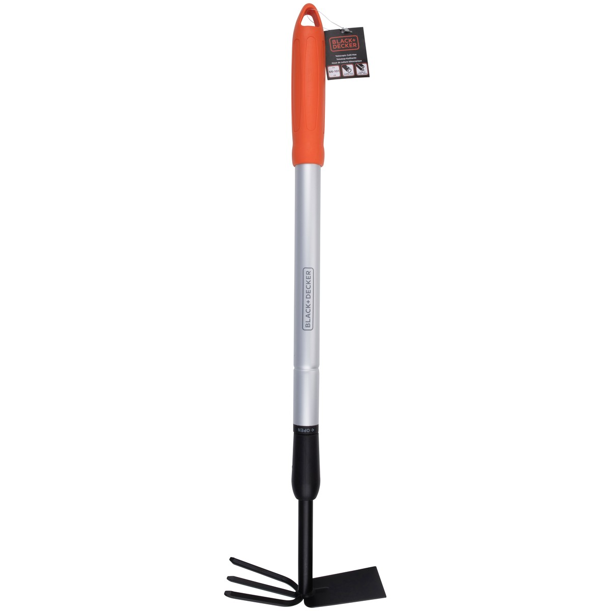 Black and Decker garden tool with orange handle and silver shaft, featuring a hoe and fork.