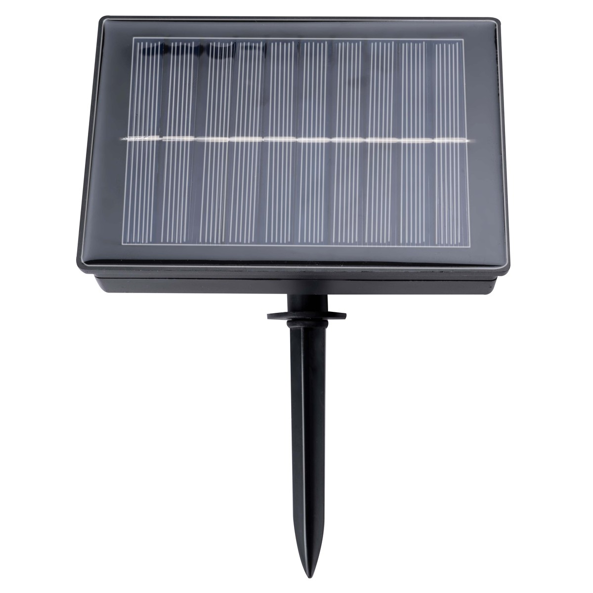 Black solar panel with ground stake, white lines on dark background.