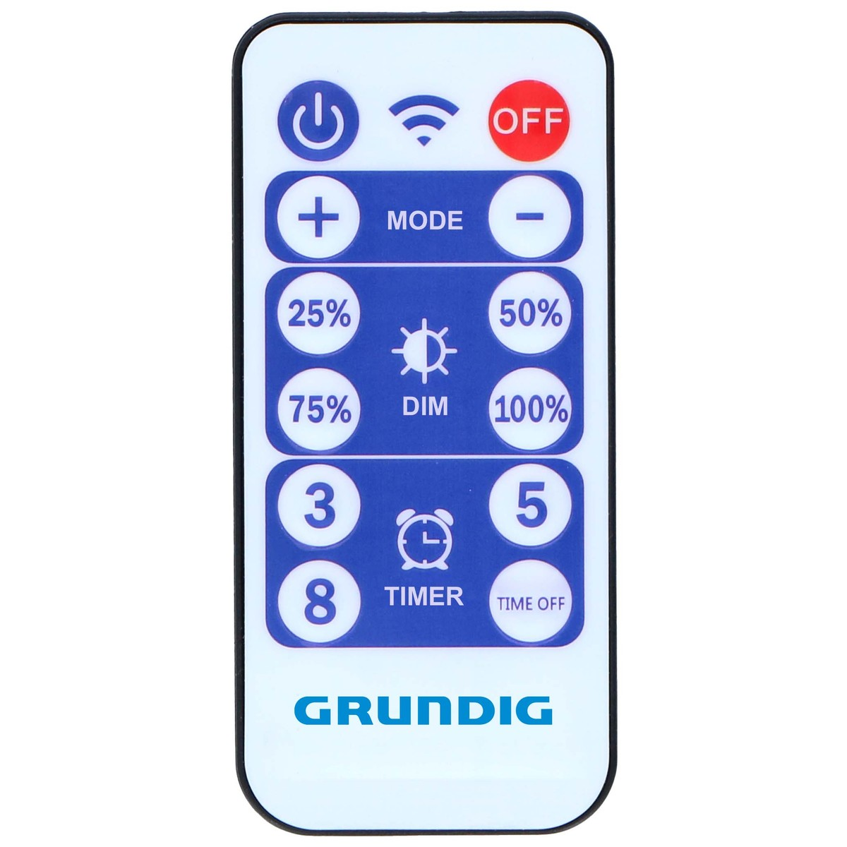 A white remote control with blue buttons for Grundig devices.