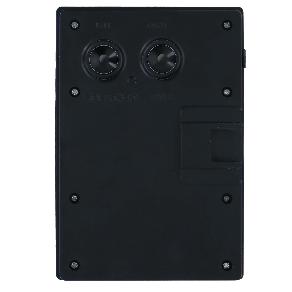 Black casing with two buttons, labels, and a small flap.
