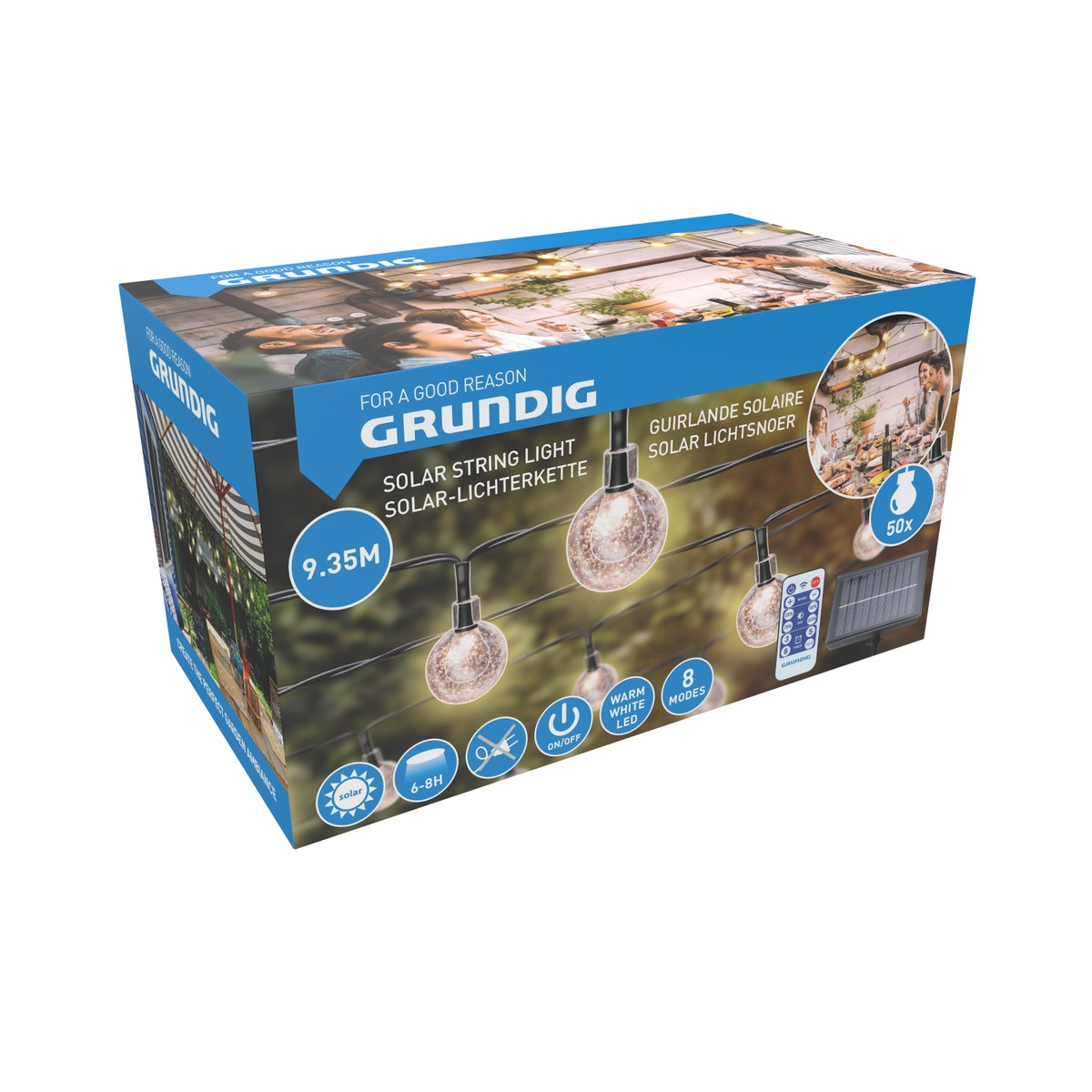 Packaging for GRUNDIG solar string lights with 50 globe bulbs, 9.35m long, remote control and solar panel.