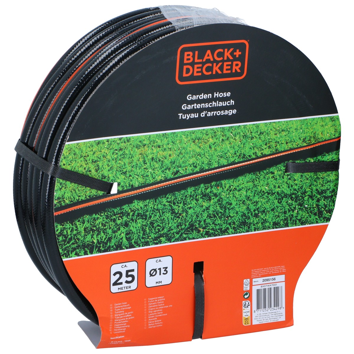 Black+Decker garden hose, 25m long, 13mm diameter, coiled with packaging.