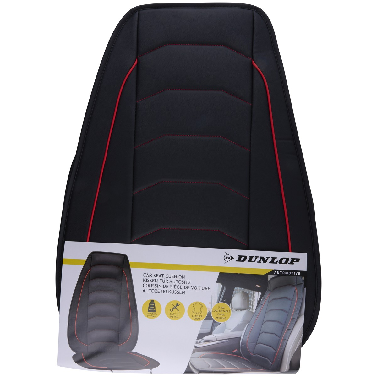 Black car seat cushion with red stitching and packaging.