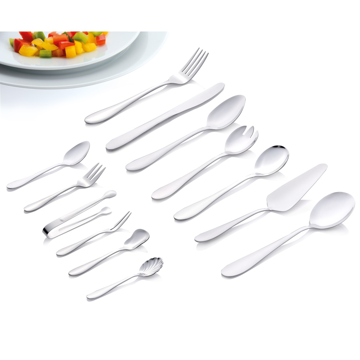 Sammlung glänzenden Bestecks, darunter Gabeln, Messer, Löffel und Servierutensilien.