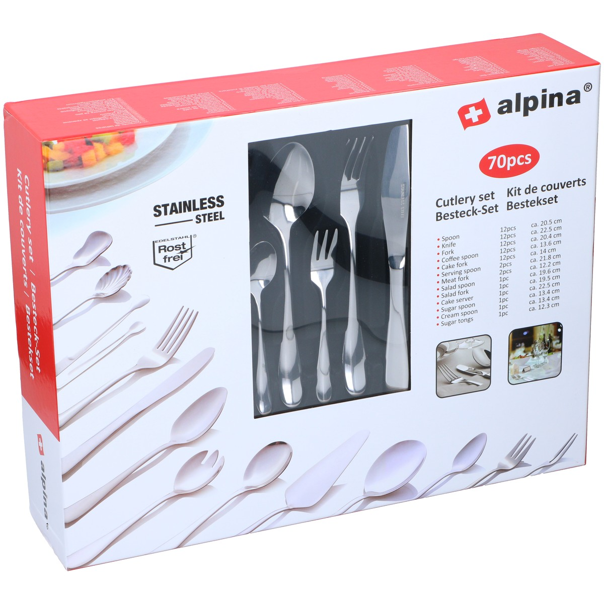 Verpackung eines 70-teiligen Alpina-Bestecksets aus Edelstahl.
