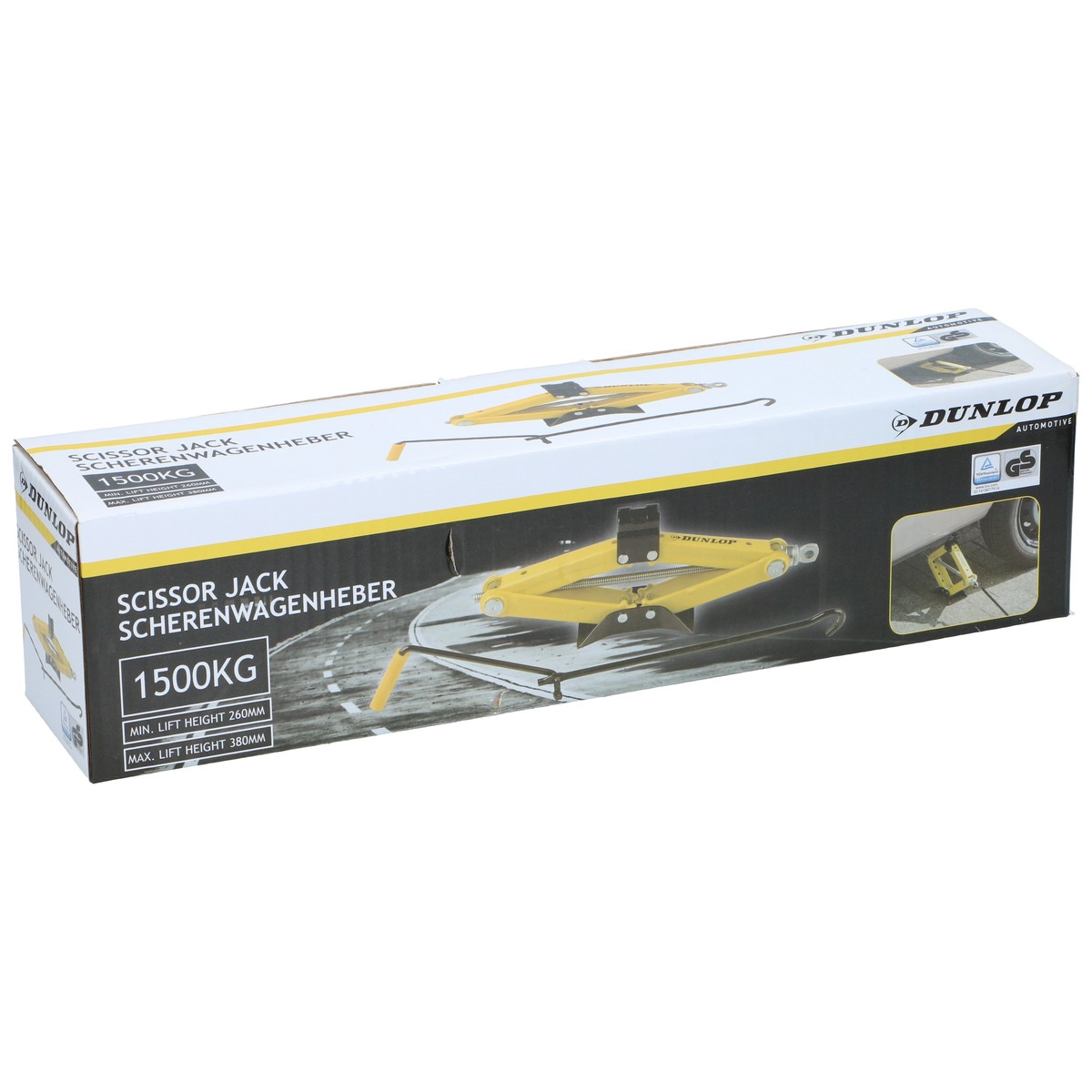 Carrello a forbice Dunlop giallo in scatola, 1500KG, con dettagli altezza.