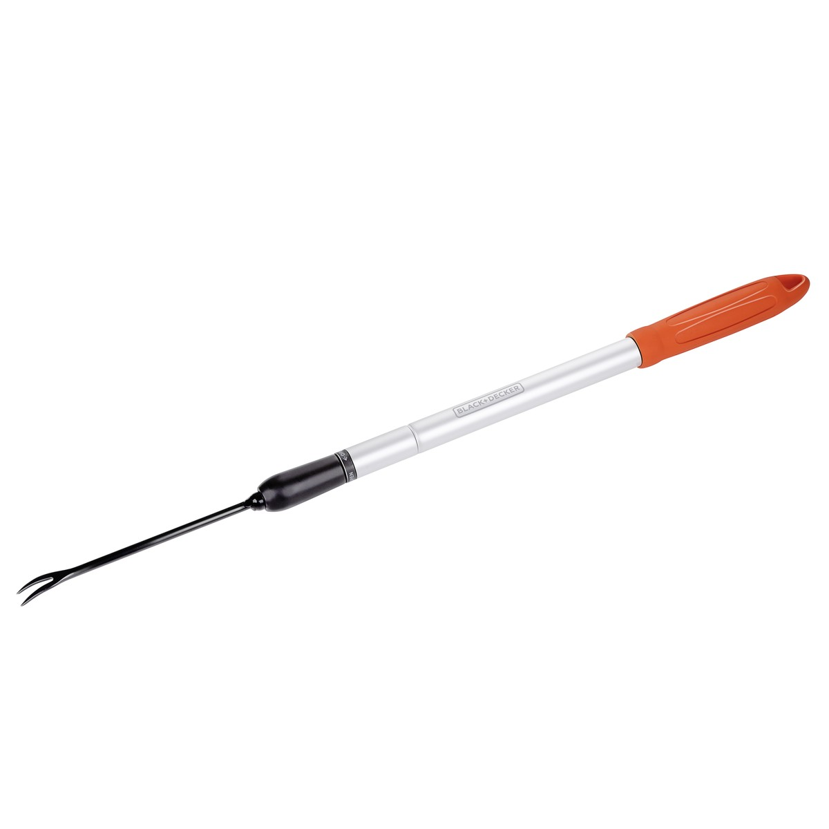 A silver rod with an orange handle and a black, two-pronged tip.