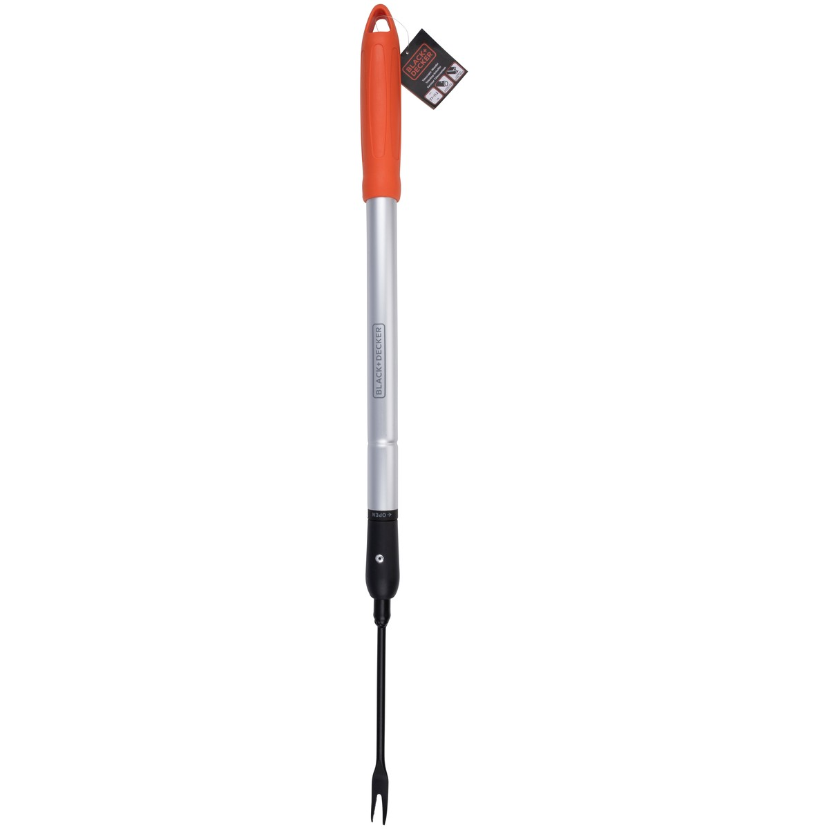 A grill tool with an orange handle and a silver telescopic shaft.