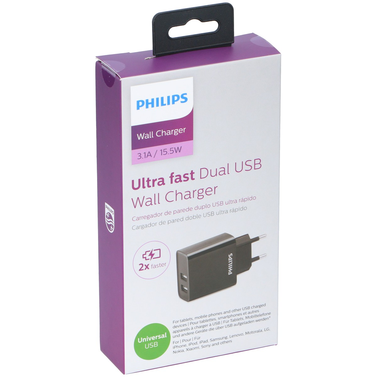 Box for a Philips Dual USB Wall Charger, 3.1A/15.5W.