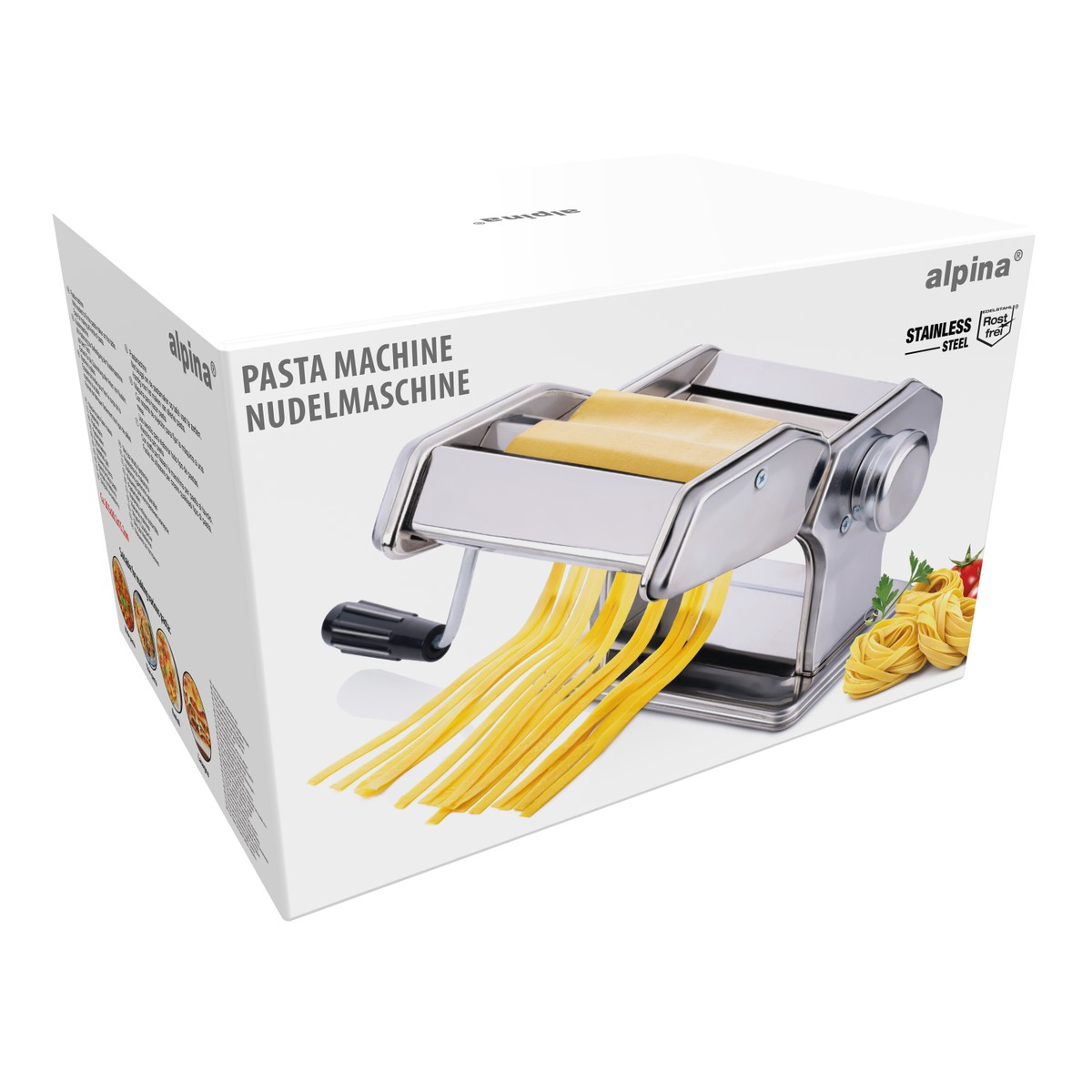 Macchina per pasta Alpina in acciaio inox con pasta fresca e rotoli di pasta.