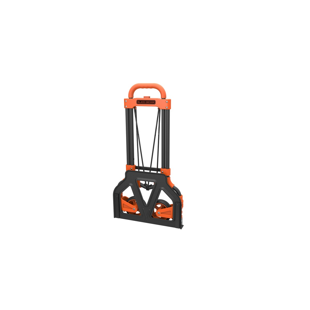 A folded black and orange hand truck with two wheels and a handle.