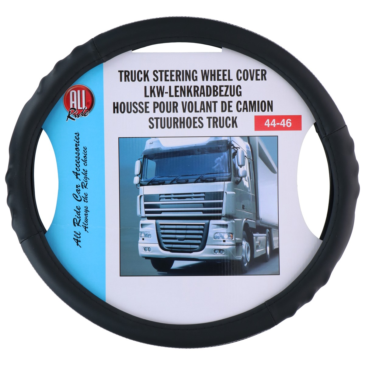 Black truck steering wheel cover with truck image and text.