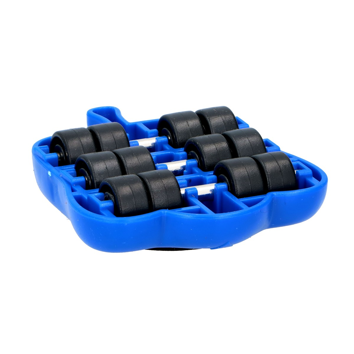 Un dispositivo blu con dieci ruote nere e assi d'argento.