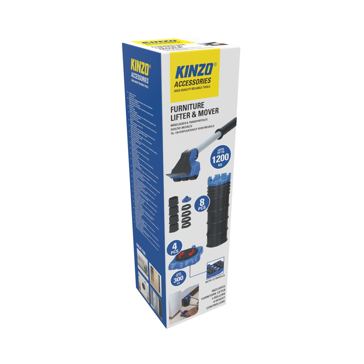 Confezione set sollevatore e trasportatore mobili Kinzo. Solleva fino a 1200 kg. Include sollevatore, 4 rulli.