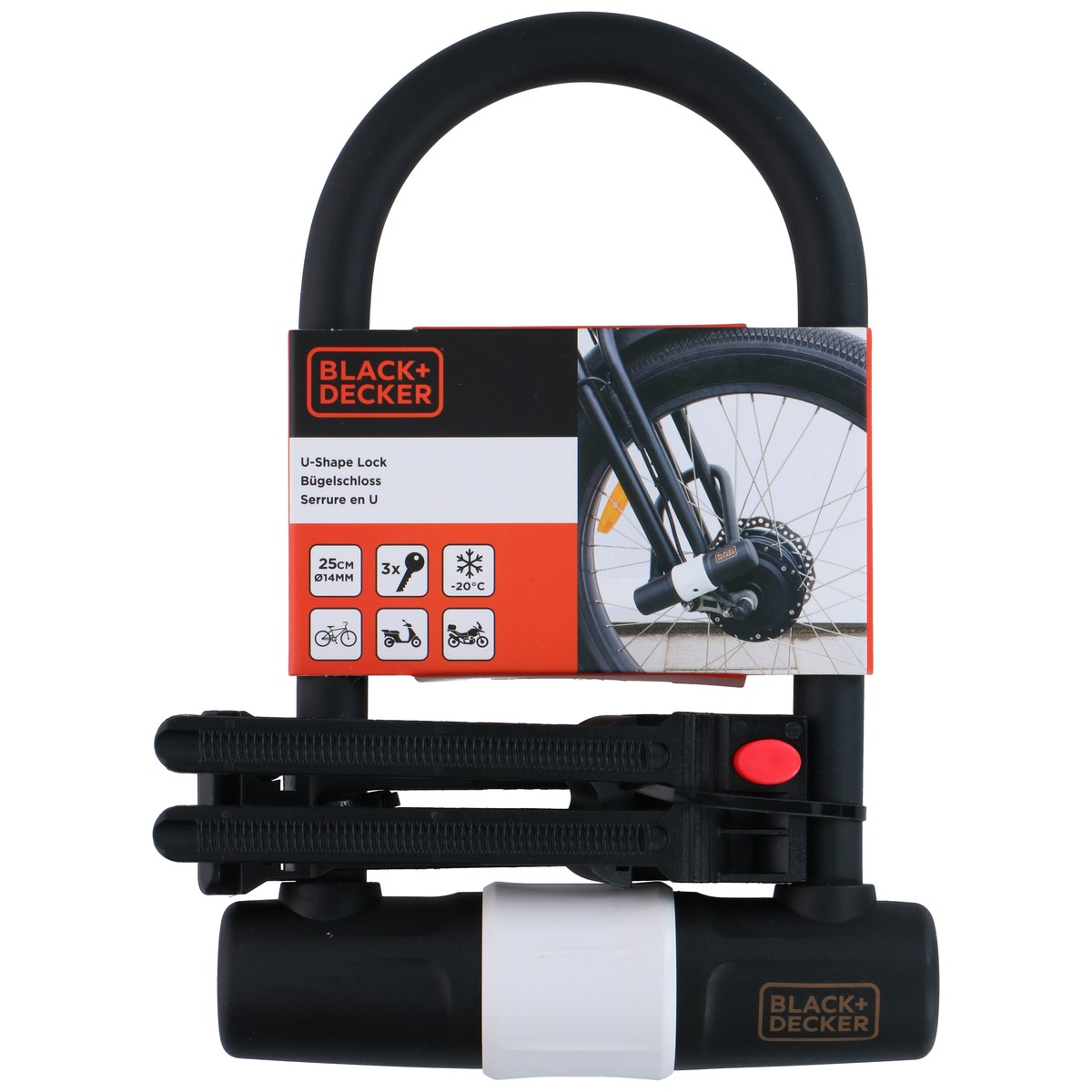 A black U-lock by Black+Decker with part of a bicycle visible in the background.