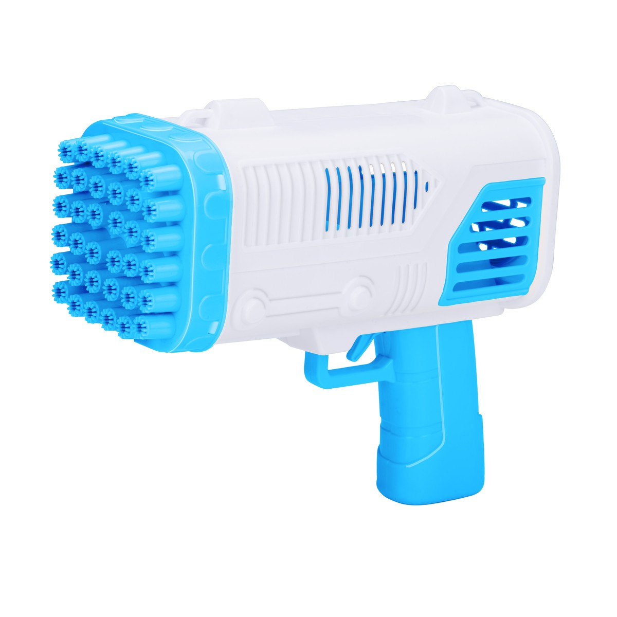 A white and blue bubble gun with many nozzles at the front.