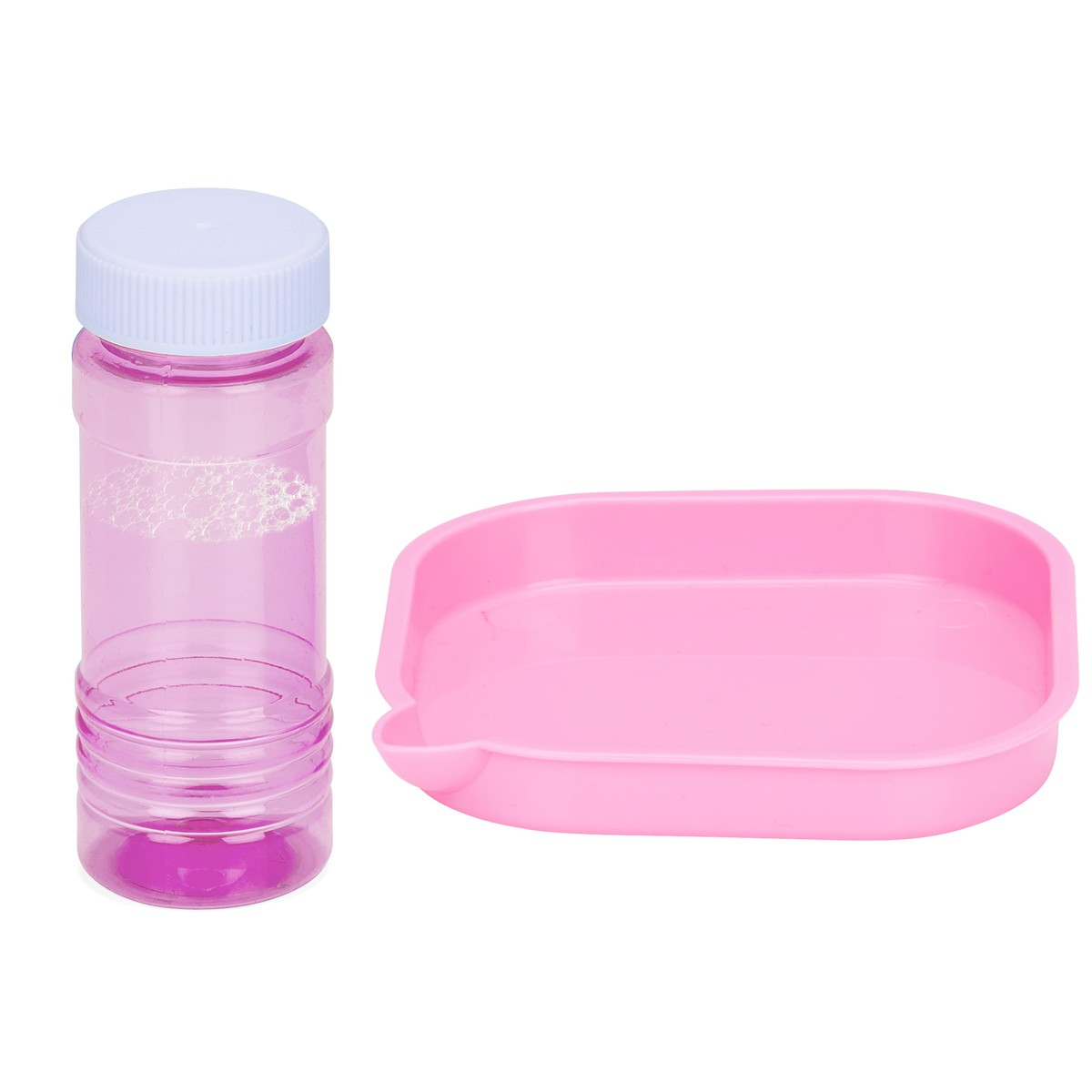 A pink bubble solution bottle with a white cap and a pink tray.