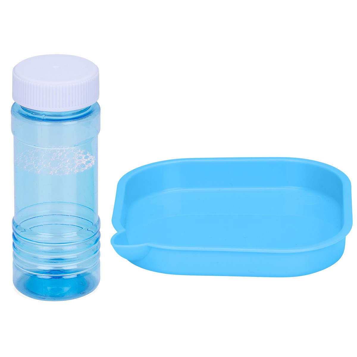 Blue bubble solution bottle and tray on a white background.