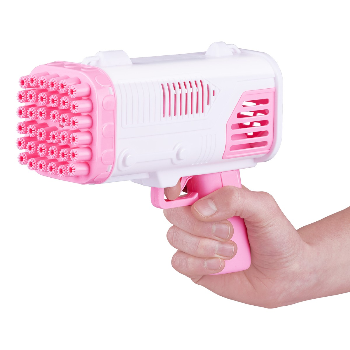 A white and pink bubble gun held by a hand.