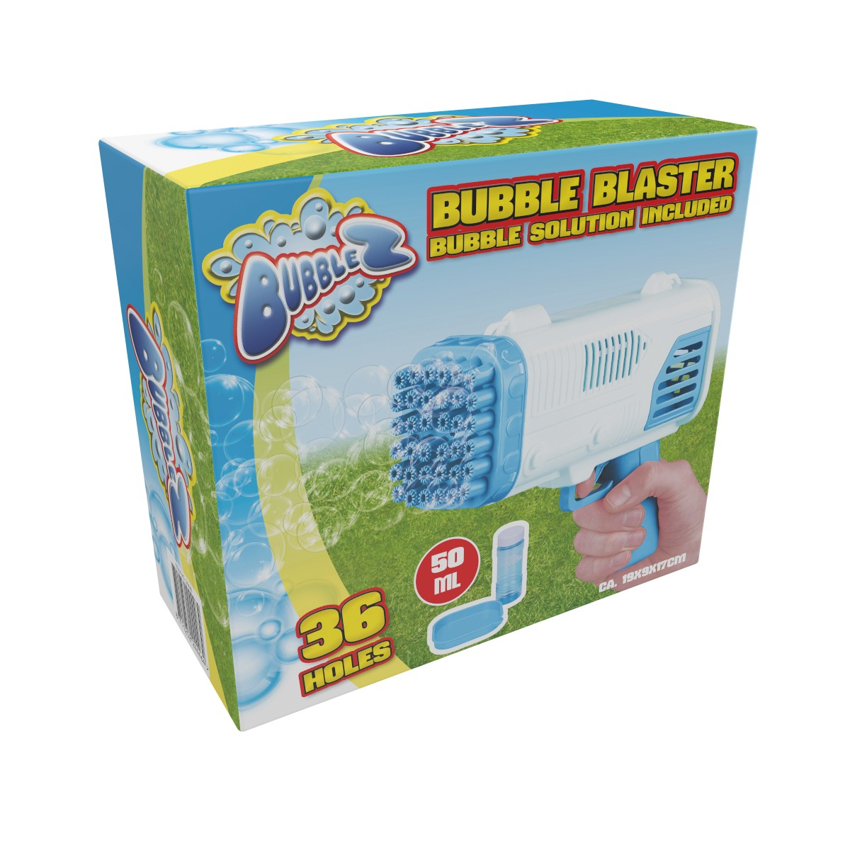 Box for a bubble blaster toy showing 36 holes and 50ml bubble solution.