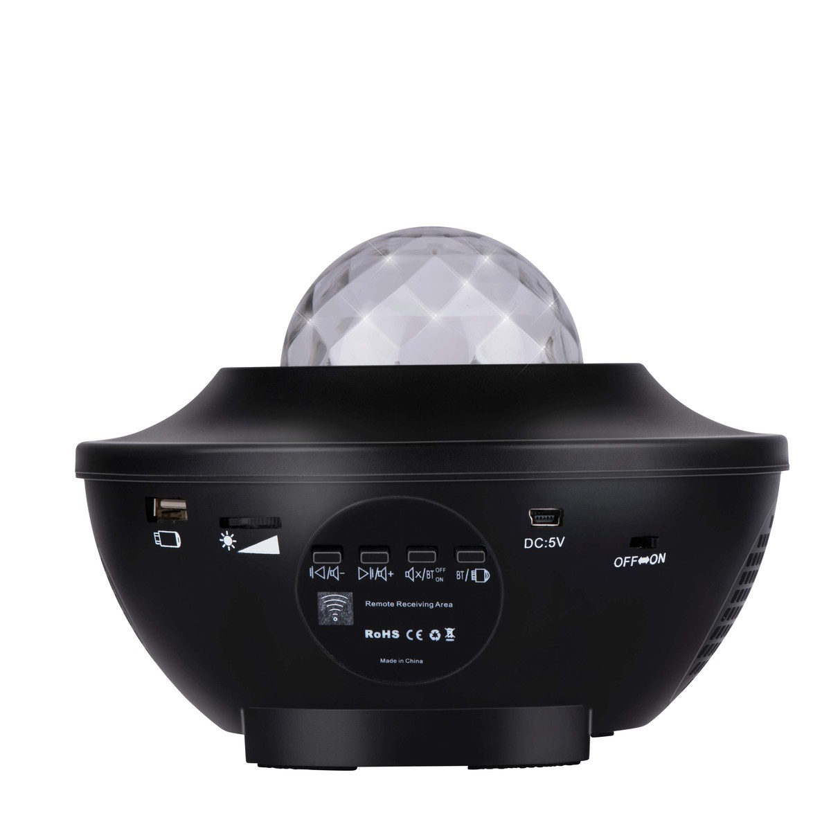 Proiettore di stelle nero con una sfera sfaccettata in cima, porte USB e CC.