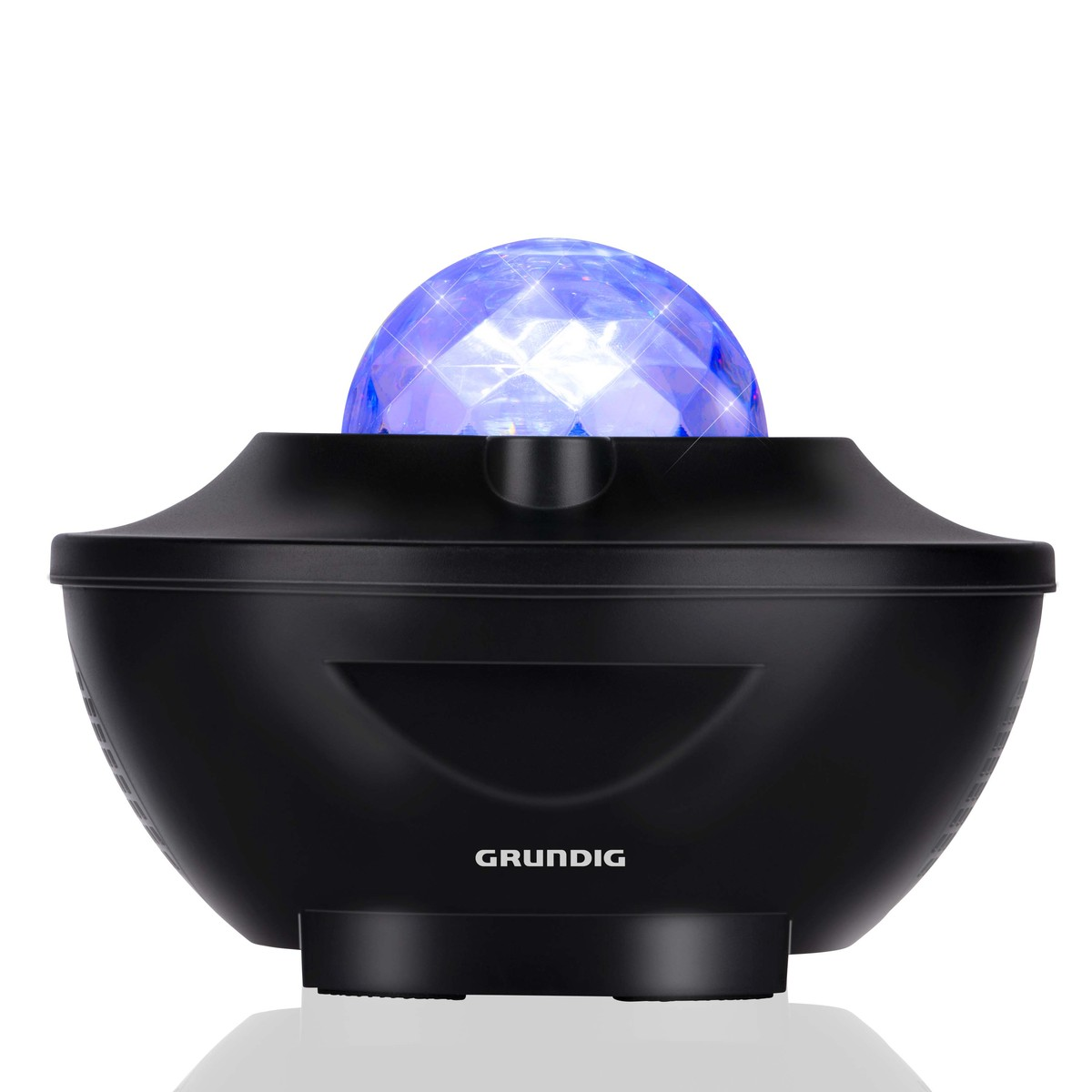 Un proiettore nero con una sfera sfaccettata blu in cima.