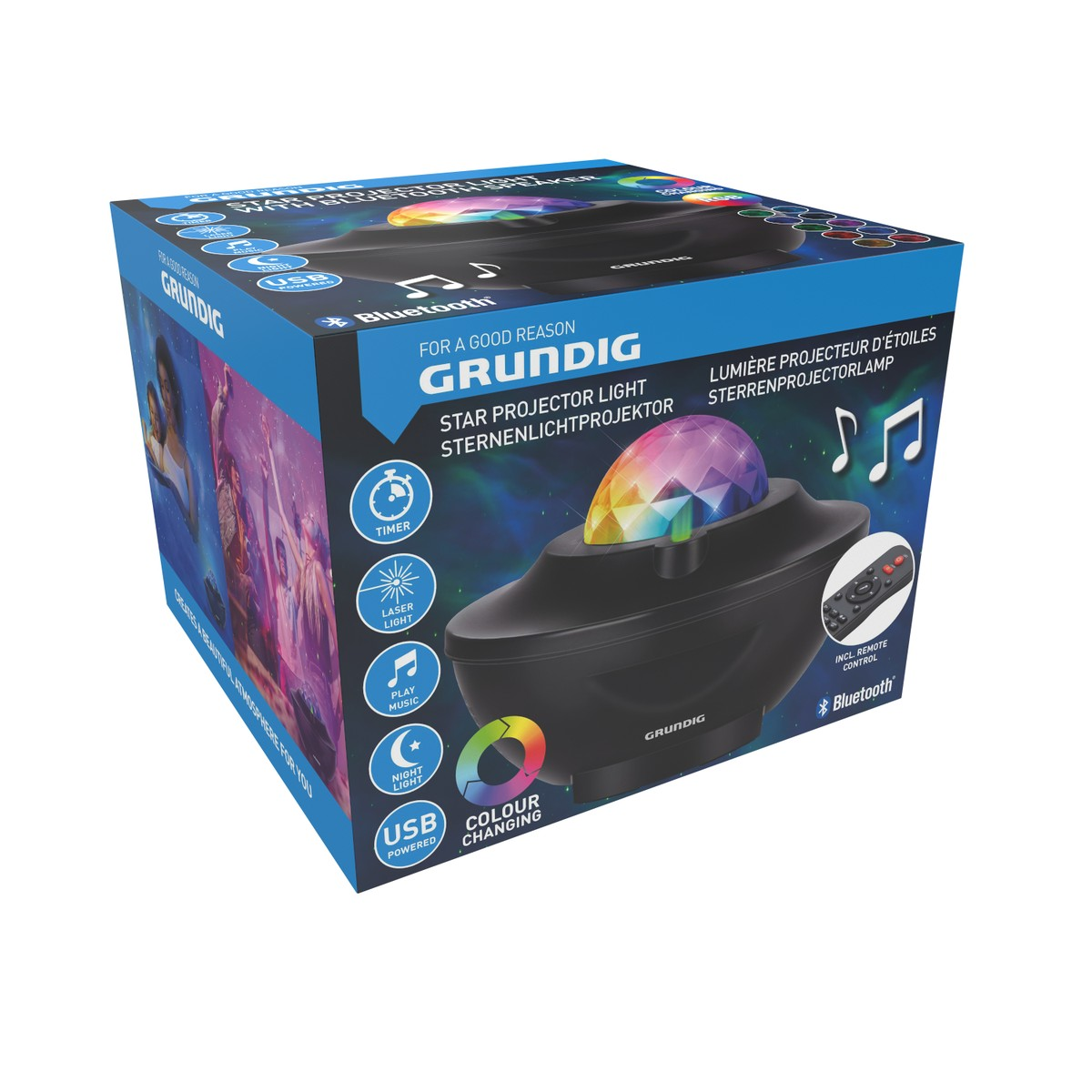 Scatola di proiettore stellare con telecomando, timer, luce laser, musica e cambio colore.