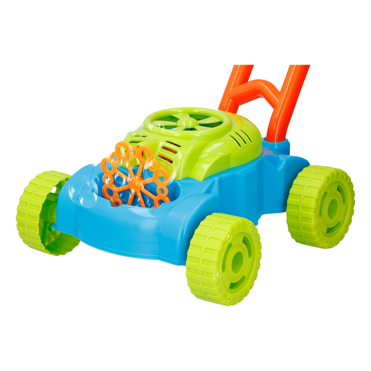 A blue and green toy lawnmower with orange handle and bubble mechanism.