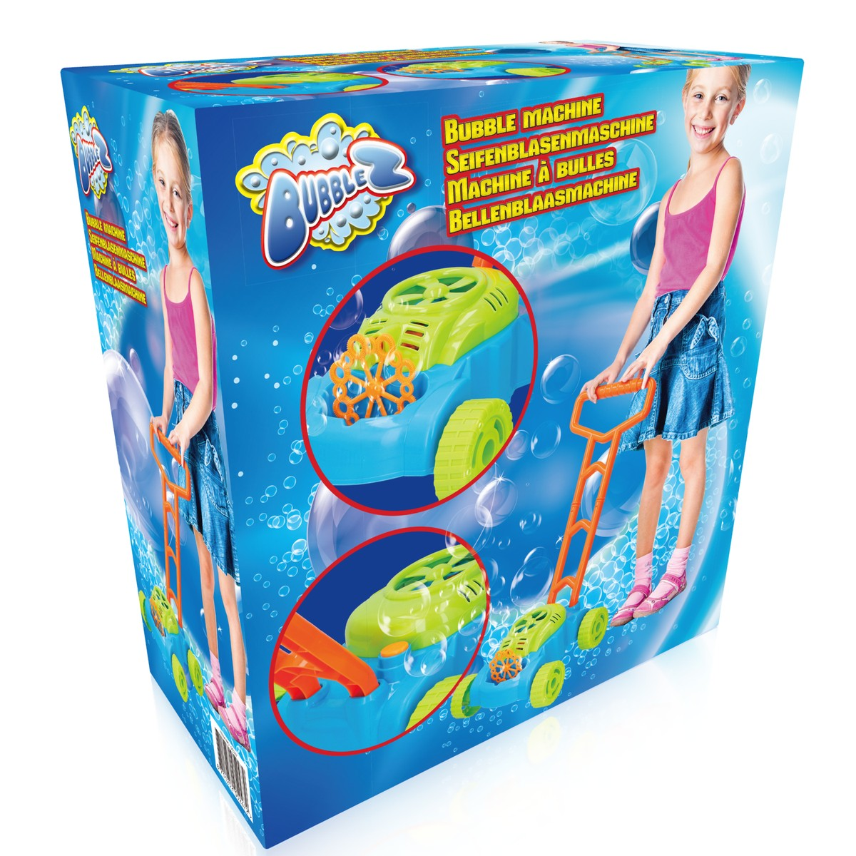Packaging for a bubble machine with a girl and product images.