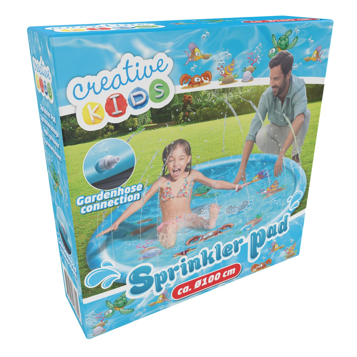 A girl laughs in a sprinkler pad with a man watching. Features 'Creative Kids' logo.