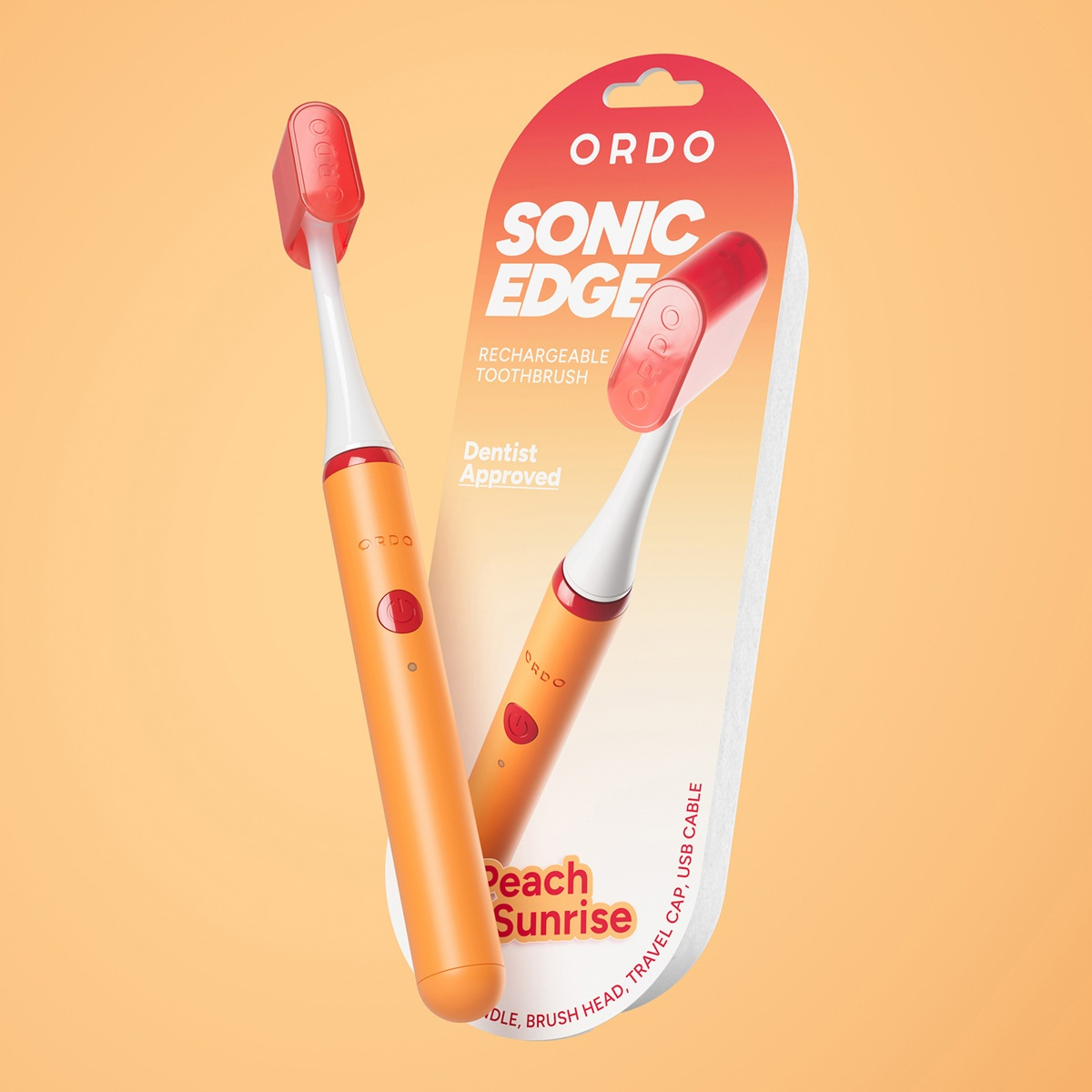 Dos cepillos de dientes sónicos naranjas con tapas rojas en el empaque.