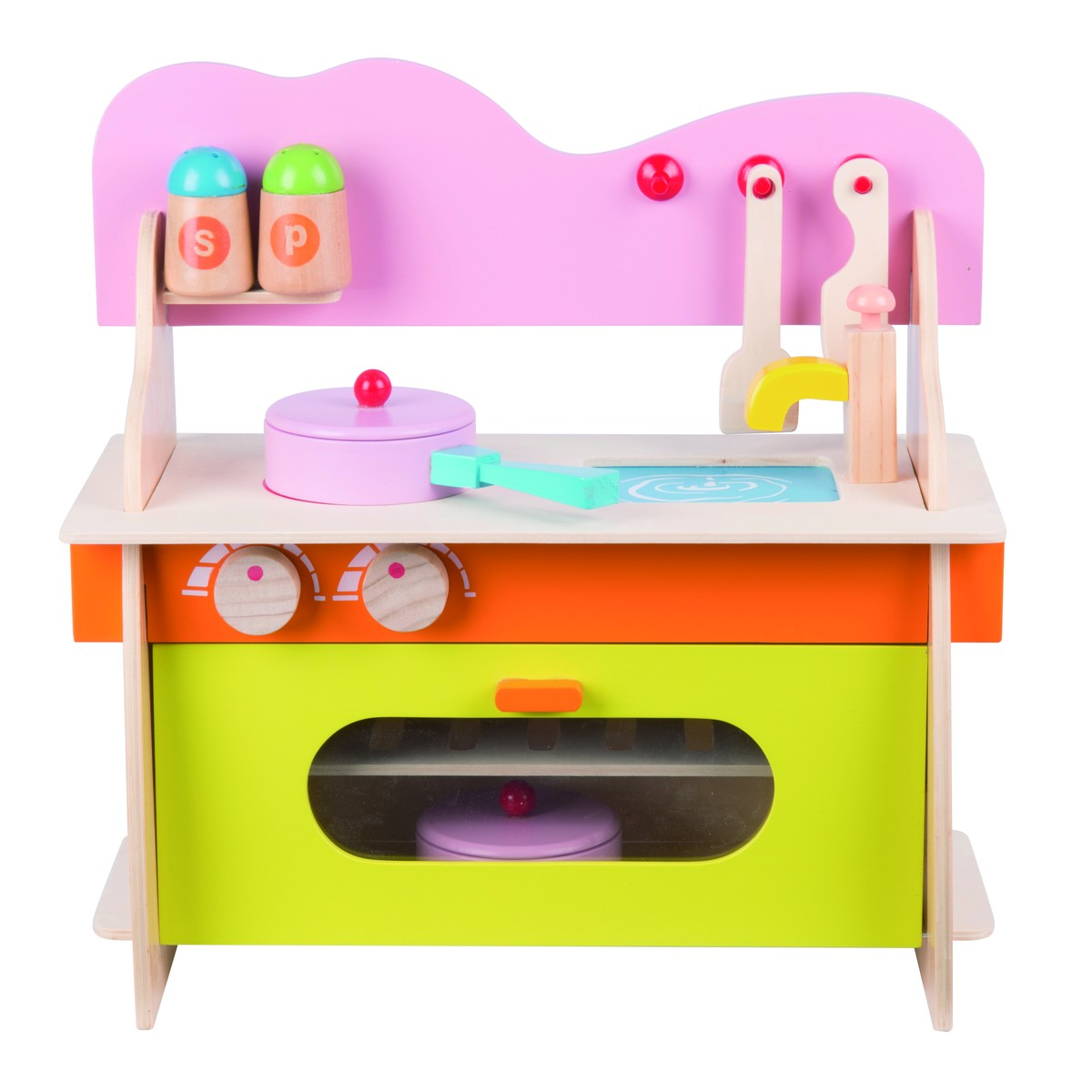 A colorful toy kitchen with pots, utensils, and salt and pepper shakers.