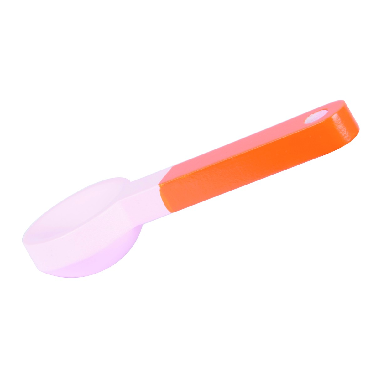 A wooden spoon with a pink and orange handle.