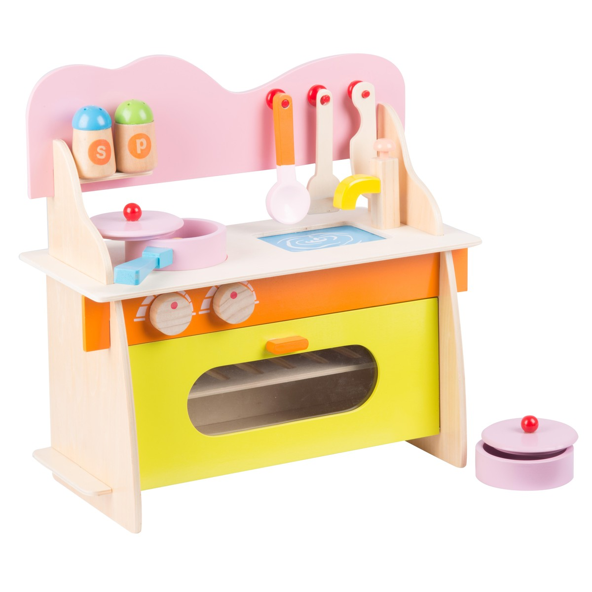 A colorful toy kitchen with pots, utensils, and a pink pot on the side.