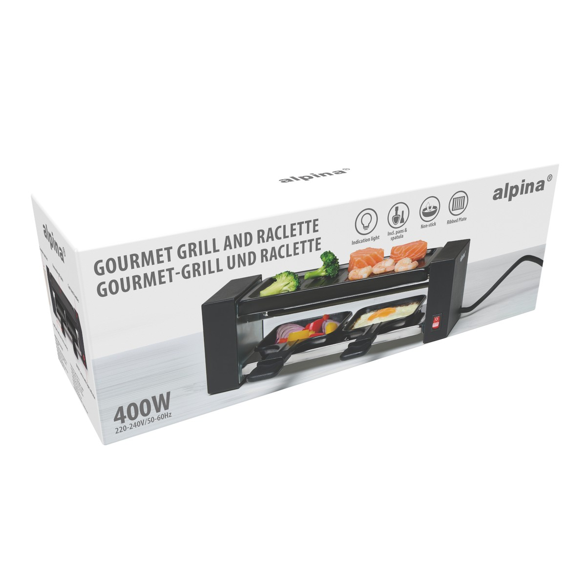 Alpina 400W grill and raclette box shows food and features. Includes broccoli, salmon, and vegetables.