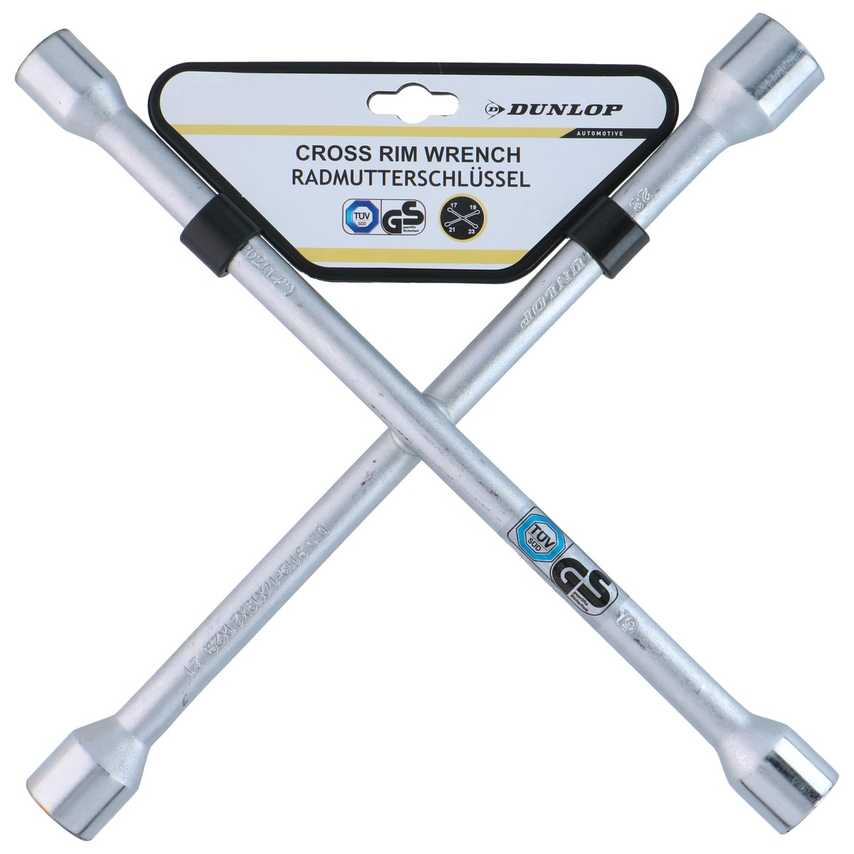 Silver Dunlop cross rim wrench with black clips and TUV/GS seals.
