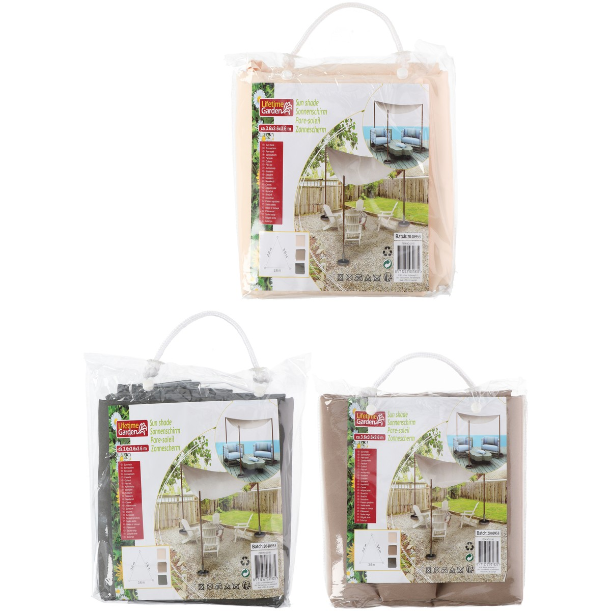Three packaged sunshades in beige, black, and brown colors with product information.