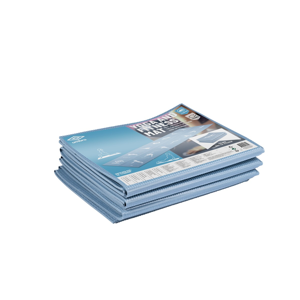 A stack of light blue yoga mats lies on a white background.
