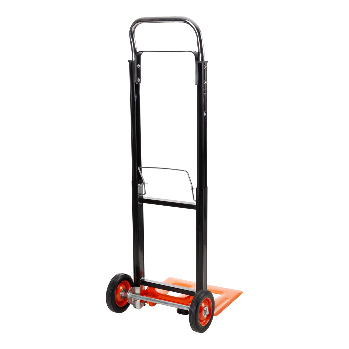 A black hand truck with an orange base and two wheels.