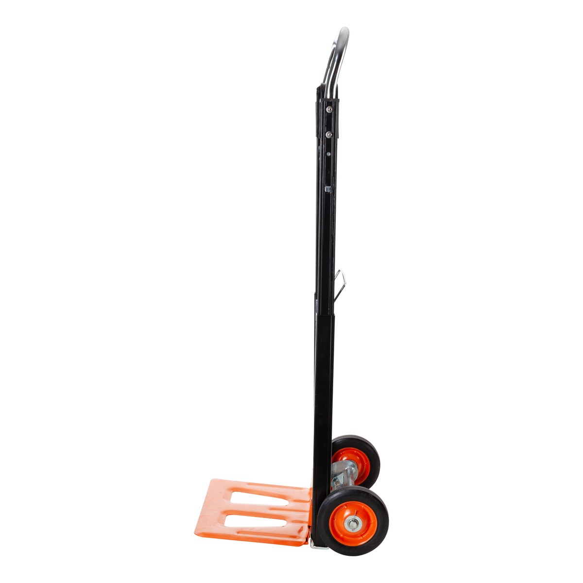 An orange hand truck with black handles and wheels.