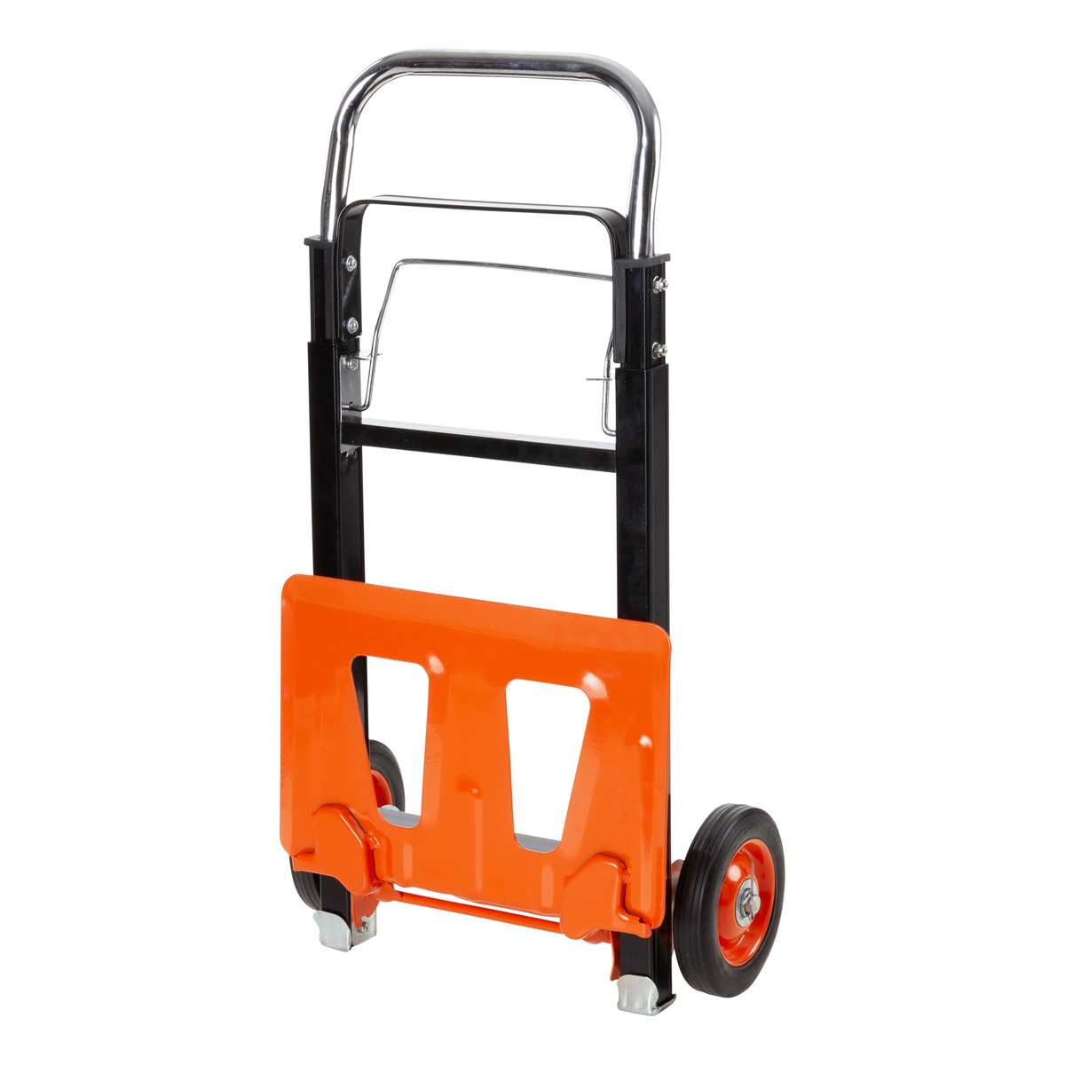 A foldable hand truck with an orange base plate and chrome handle.