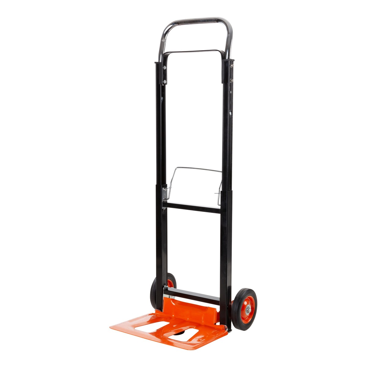 An orange hand truck with a black frame and wheels.