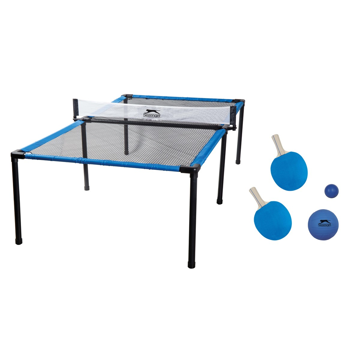 A blue and black portable ping pong table with two blue paddles and three blue balls.