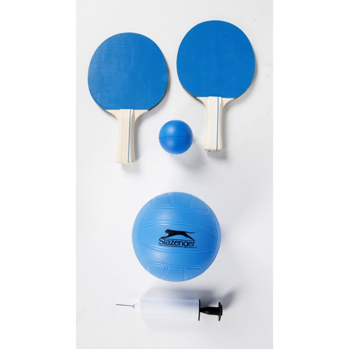 Two blue table tennis paddles, a small blue ball, a blue volleyball, and an air pump.