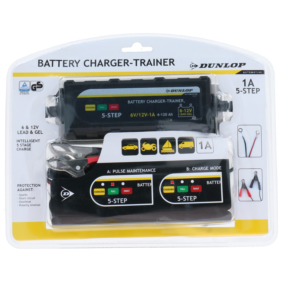 Dunlop 1A 5-step battery charger-trainer for 6/12V lead-acid and gel batteries.