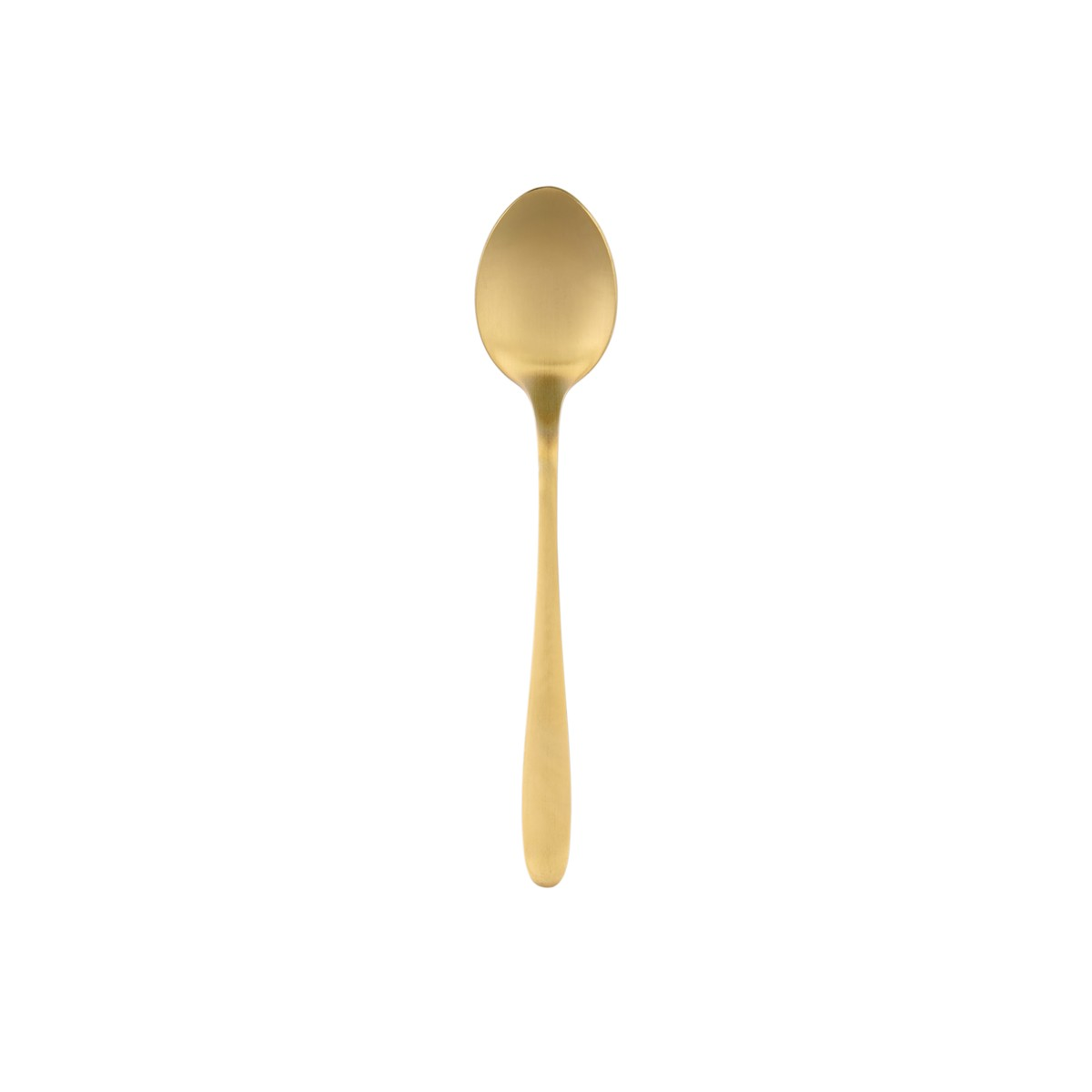 Ein einzelner goldener Löffel mit mattem Finish auf weißem Hintergrund.
