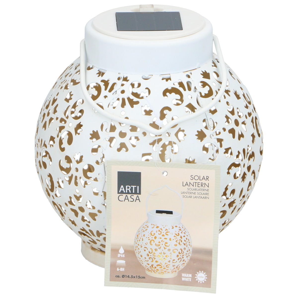White, decorative solar lantern with a handle and a top-mounted solar panel.