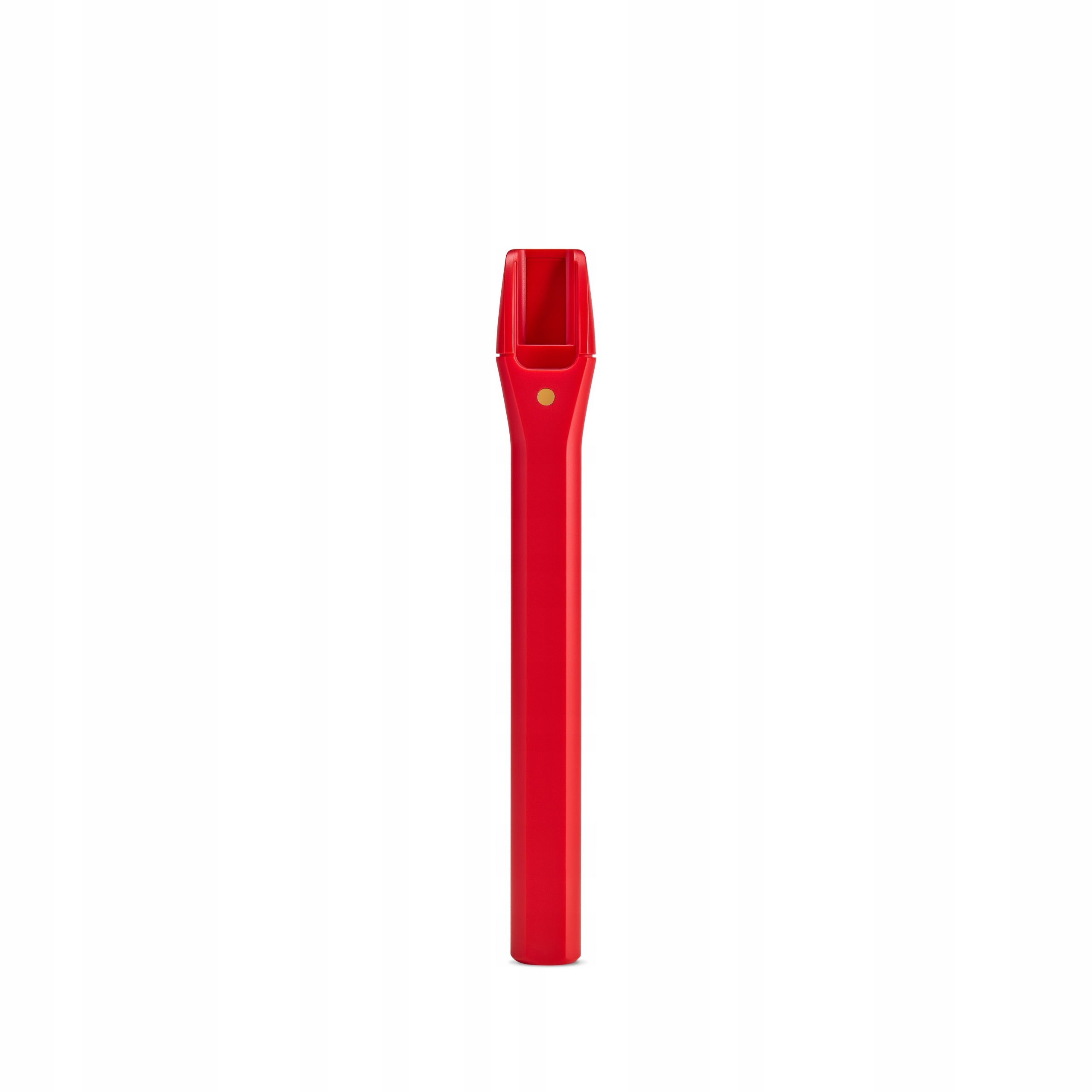 Un attrezzo rosso con un punto dorato su sfondo bianco.